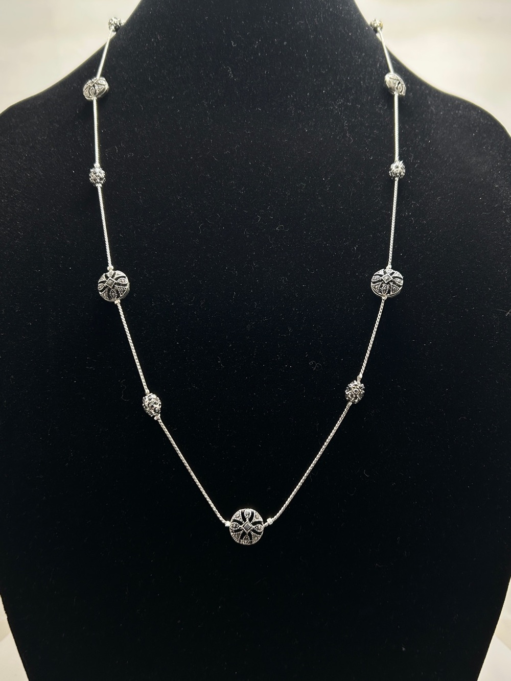 Trifari Crown, Vintage Long Silver Necklace Filigree Beads, Nice 90’s Piece